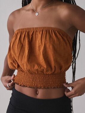 Ruched Bubble Cropped Tube Top in Rust